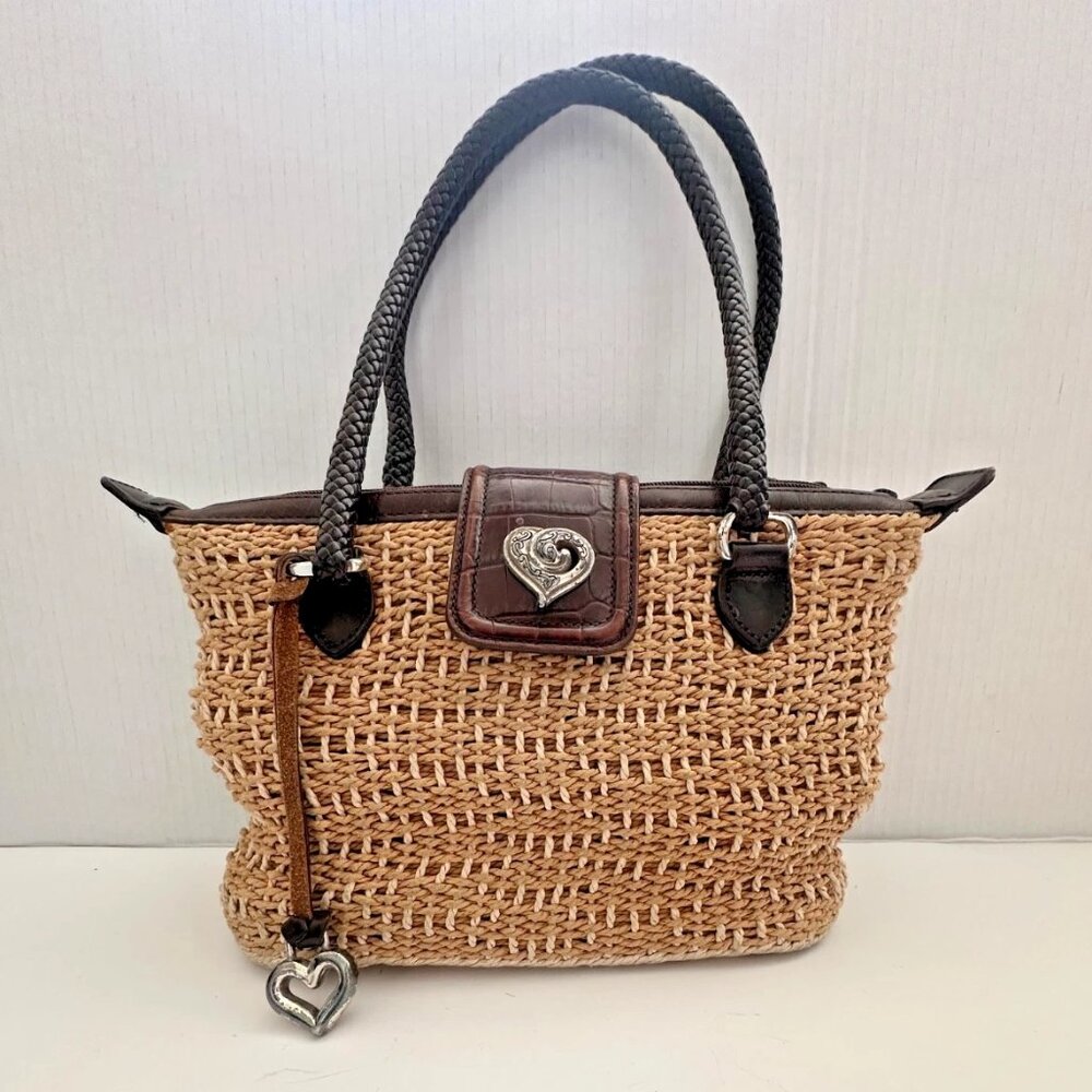 Brighton  Purse Natural Woven Straw Shoulder Bag Tan Brown with Leather Trim